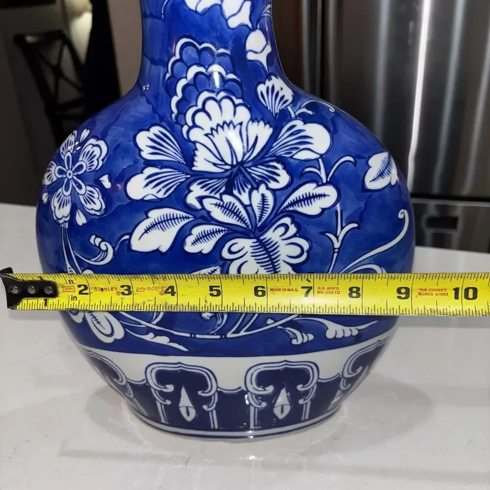Blue and White Chinoiserie Floral Flat Ceramic Vase